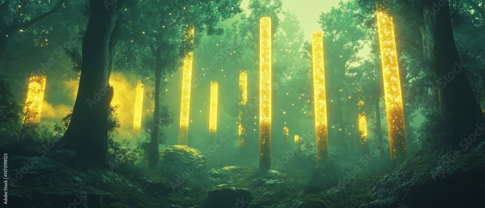 A forest with glowing trees