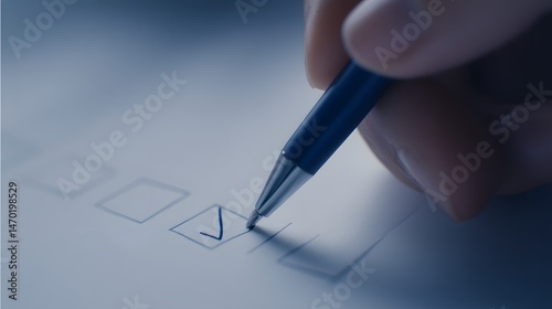 A close-up image of a hand holding a blue pen and marking a checkbox with a checkmark on a document in a precise and deliberate manner