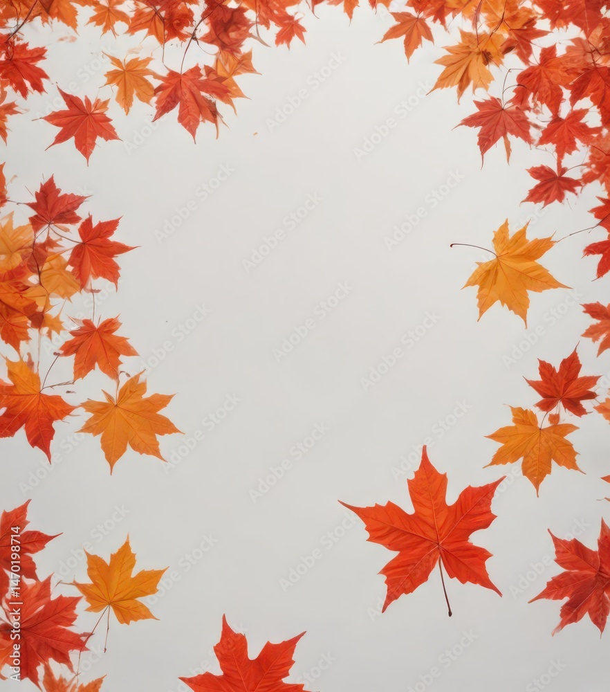Vibrant red and orange maple leaves falling against a pure white backdrop , yellow leaf, texture, detail Vibrant red and orange maple leaves falling against a pure white backdrop , yellow leaf, texture, detail