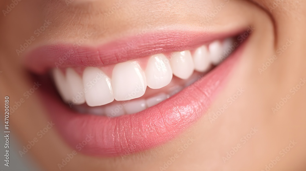 Obraz premium A close-up view of a person's mouth showcasing perfectly white teeth with a bright smile and healthy pink lips