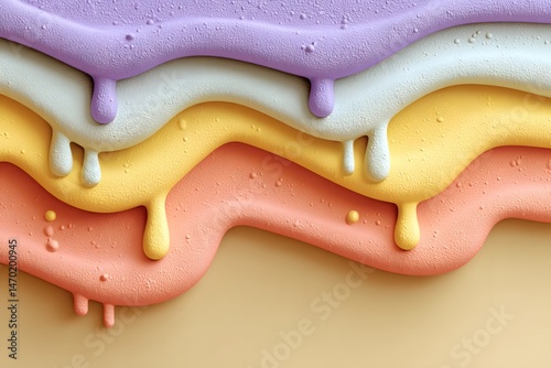 A vibrant and colorful layered dessert with dripping icing in purple white yellow and pink creating a visually appealing and mouth-watering effect
