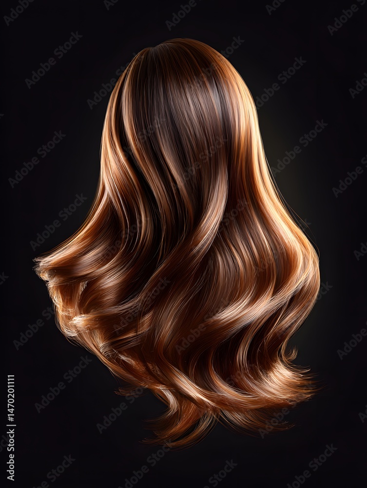 Fototapeta premium A stunning display of voluminous and lustrous brown hair with golden highlights cascading in elegant waves against a dark background
