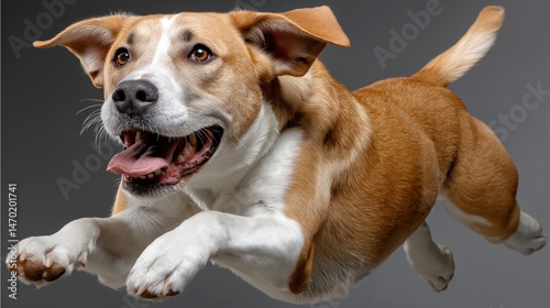 Joyful dog leaping in excitement against a plain background brings cheer and energy to any moment