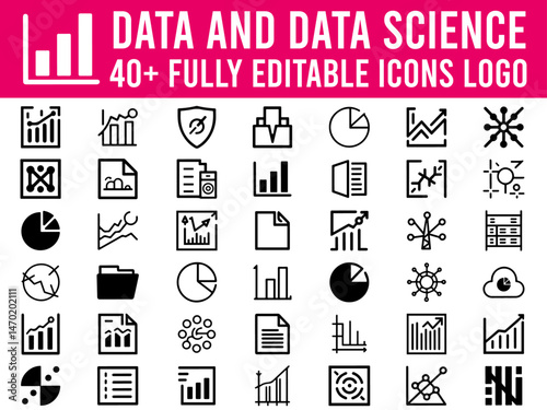 Data analytics icon set. Containing data ,mining, global data, monitoring, visualization. Data science and others. Editable stroke. Vector illustration.