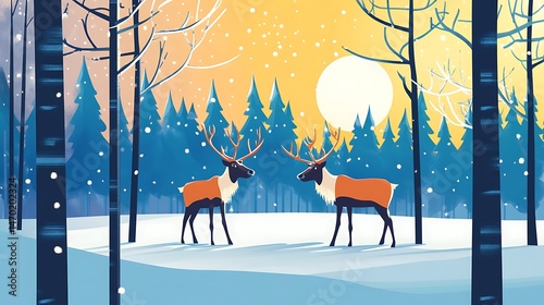 Winter Reindeer Forest Snow Scene.