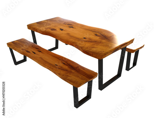 Wooden lacquered table with black metal legs on isolated. Modern live edge elm slab coffee table with inner knot in bizarre pattern shape and tree table. 