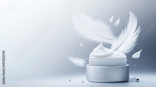 White Cream Jar with Soft Feathers on Gray Background