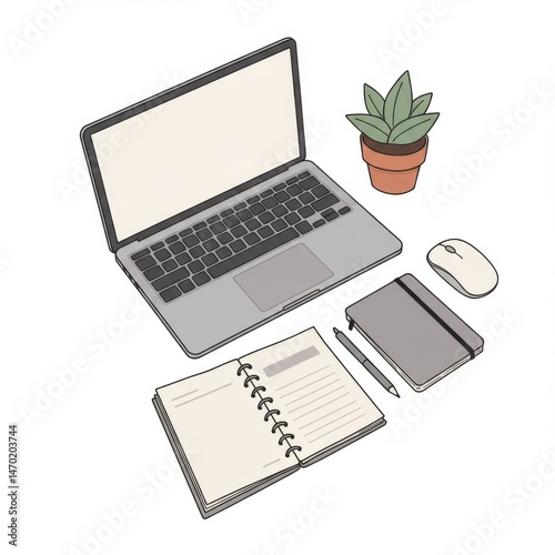 Laptop with Notebook and Plant on Desk