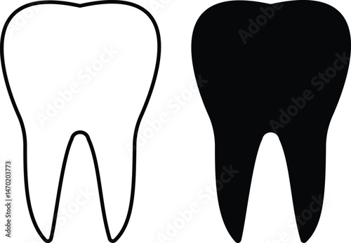 Tooth Icon set. Symbol isolated white background. Silhouette and Line Icon  vector illustration. a tooth with a black and white outline. 
