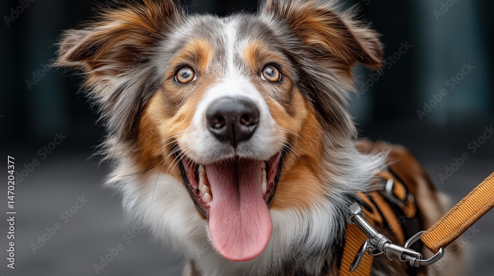 Eager dog ready for a joyful walk, holding leash with excitement on a sunny day in the park