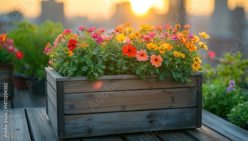 Colorful flowers in a wooden planter box on a rooftop terrace at sunset
