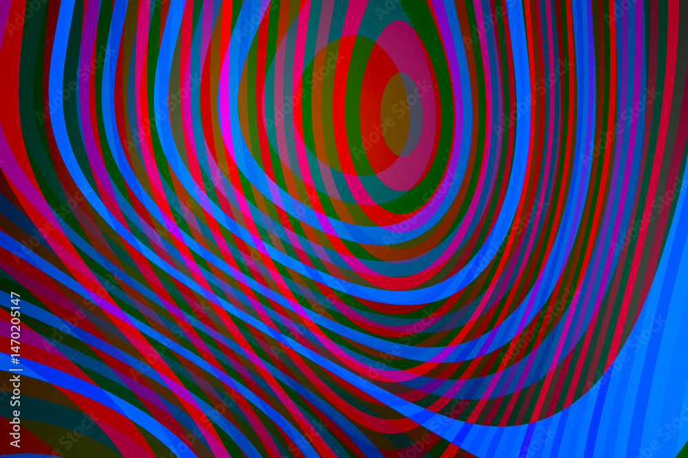 Fototapeta premium Abstrakcyjna grafika z kolorowymi falami i okręgami w odcieniach niebieskiego, czerwonego i zielonego, cyfrowa kompozycja optyczna.