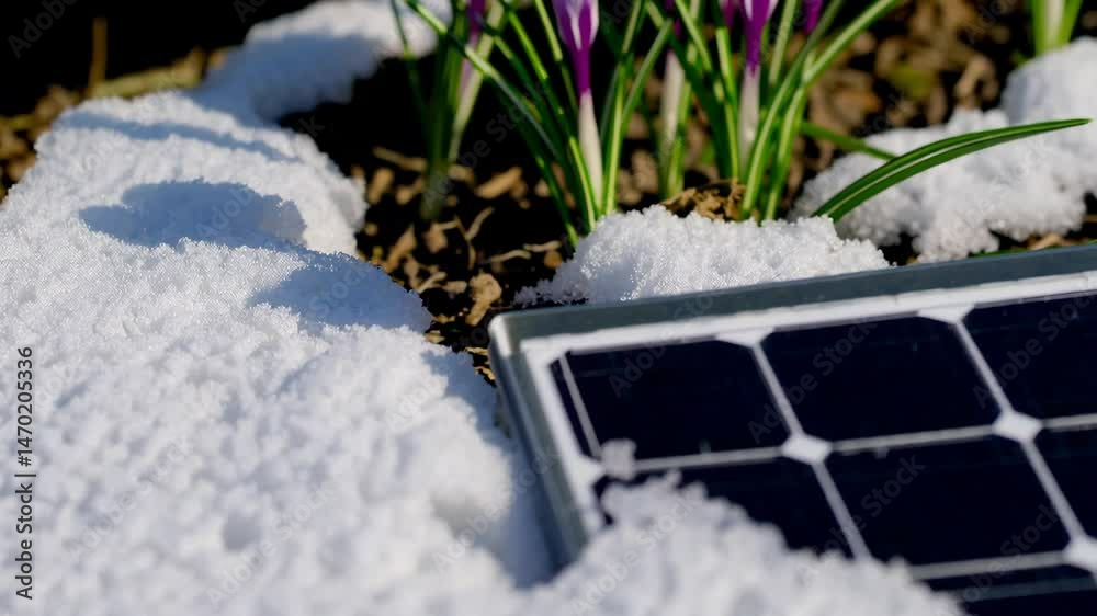 Blooming crocuses emerge from snow beside solar panels capturing renewable energy transition