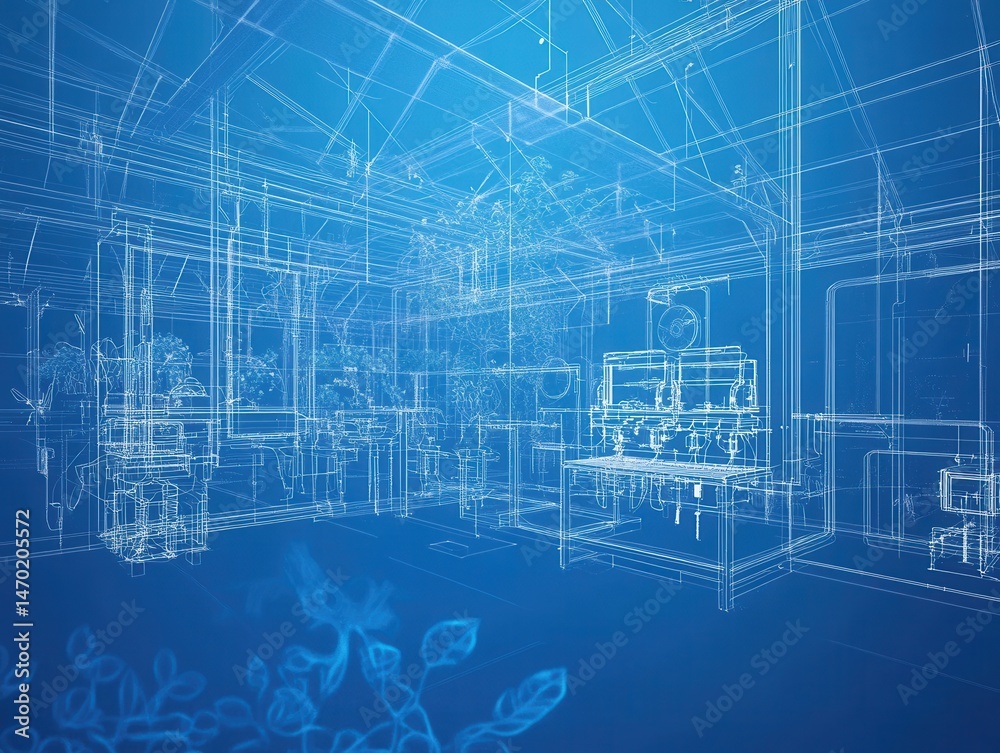 Fototapeta premium Technical schematic of a modular greenhouse automation panel showing irrigation, lighting, and ventilation circuits in the context of smart farming