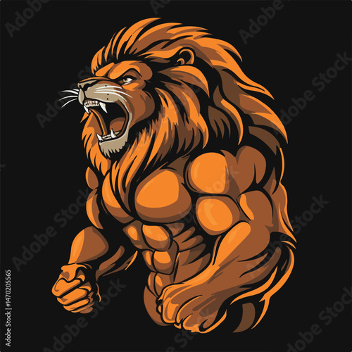 Aggressive Lion Roaring With Large Muscles On A Black Background Vector Illustration