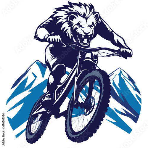 Lion Mountain Biker Extreme Sport Downhill Adventure With Mountain Background Vector