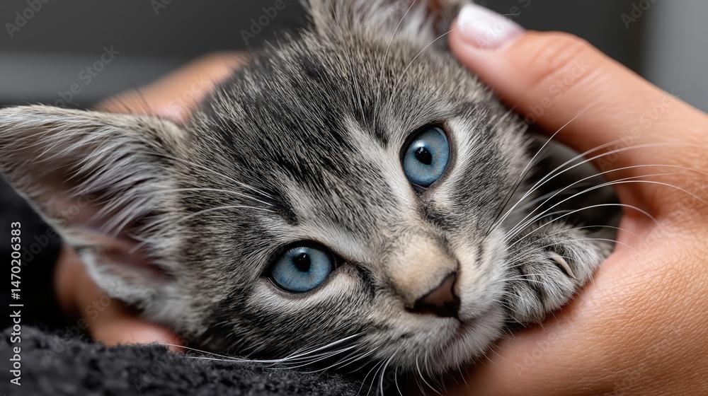 Kitten enjoys affectionate petting from a warm human hand in a cozy indoor setting