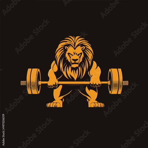 Strong Lion Lifting Barbell Weights Power And Fitness Illustration Design