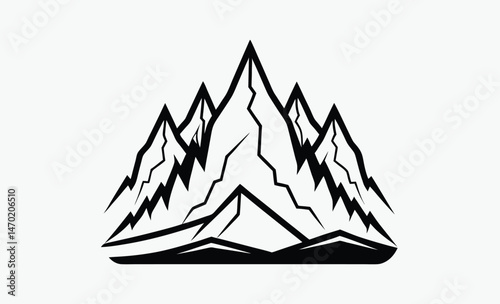 mountain range silhouette, rocky peaks vector, landscape ridge outline, black white mountains