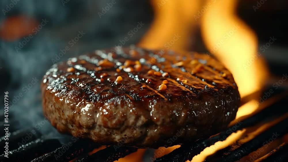 Grilled hamburger patty on barbecue, close up, food photography for menus