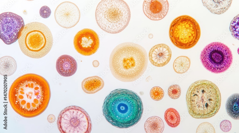 Microscopic colorful diatoms, aquatic life, science background, research Microscopic colorful diatoms, aquatic life, science background, research