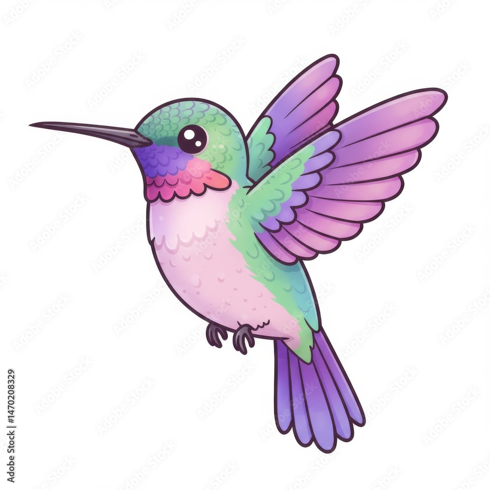 Obraz premium Pastel Hummingbird Illustration: A Cute Pink Green Bird in Flight
