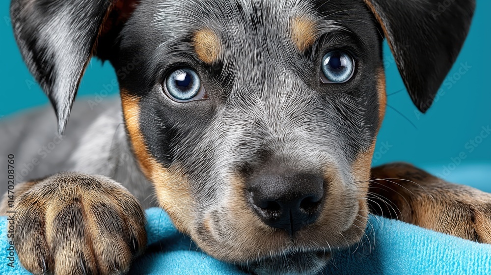 Cute blue-eyed puppy with playful expression on blue background brings joy and laughter to any space with its charming personality