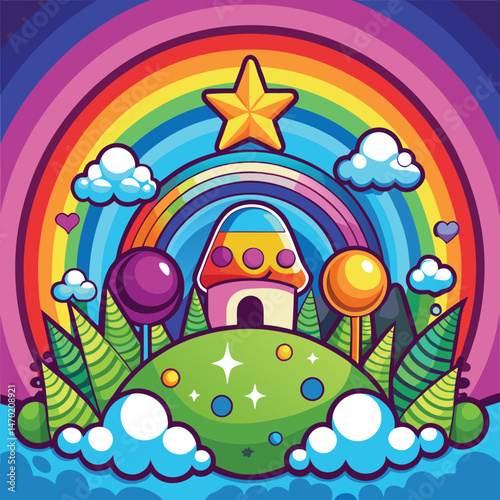 Colorful whimsical fantasy landscape with rainbow, clouds, and a mushroom house