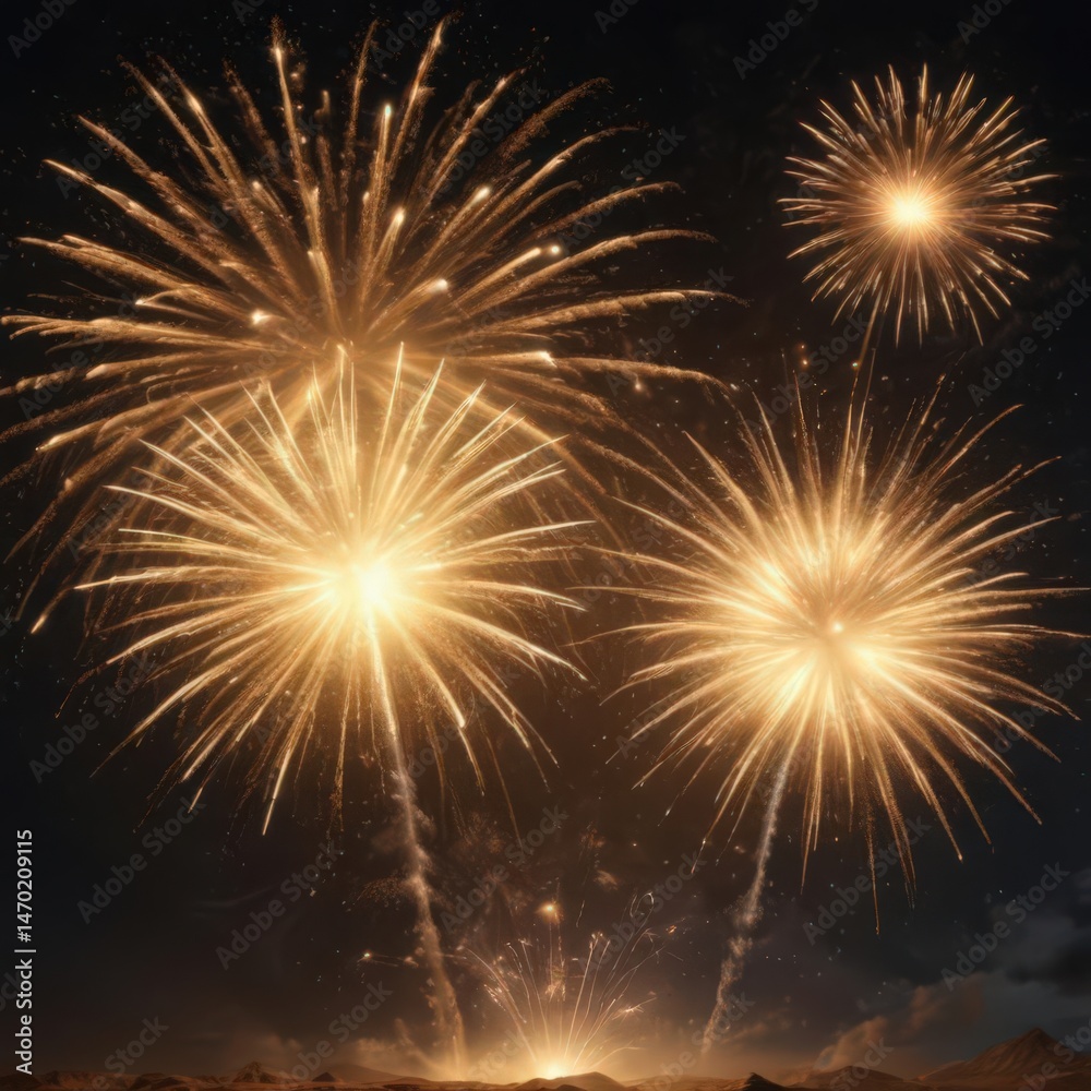 Naklejka premium Golden fireworks explode, illuminating night sky , night, light