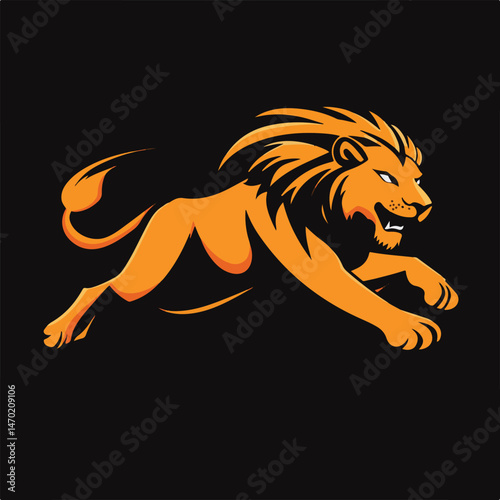 Energetic Lion Mascot Illustration Running Fiercely On Black Background Graphic Design