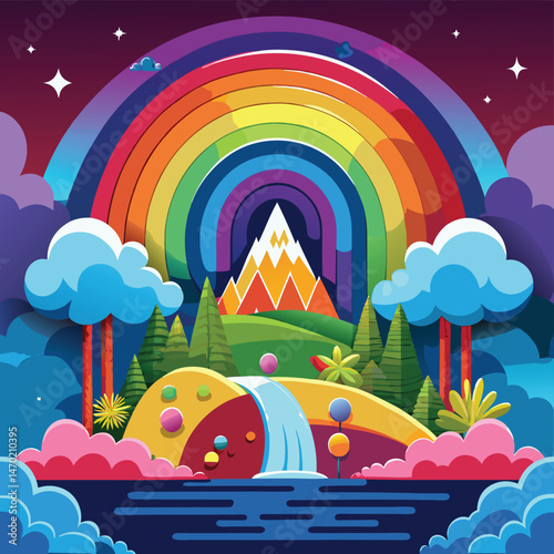 Colorful landscape with rainbow, mountains, and waterfall