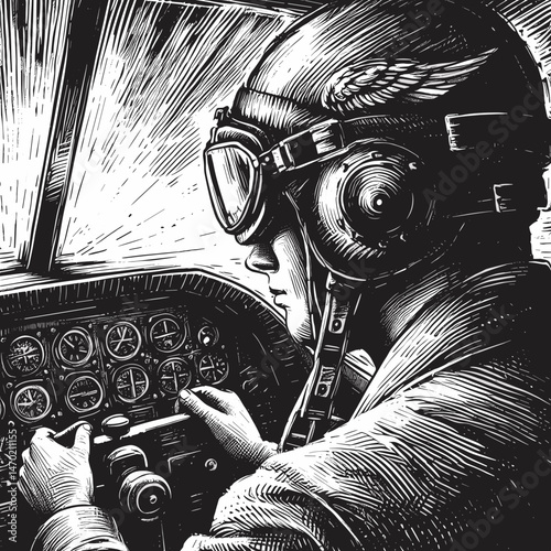 Pilot focused on flying an aircraft with retro instruments and vintage design elements
