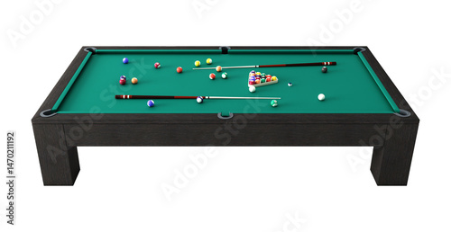 Billiard table isolated. Billiard table with balls and cue isolated.	
