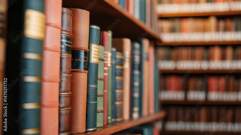 Naklejka premium History Legacy Impact Concept, Grand Library Filled with Centuries-Old Books in Classic Wooden Bookshelves