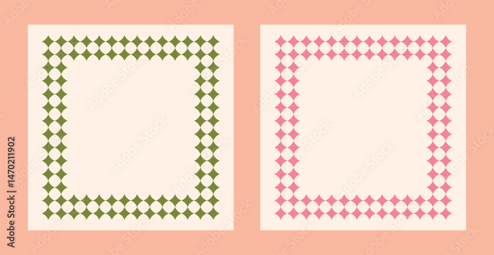 Set of two backgrounds with square decorative frames in modern abstract geometric style. Pink and green frames on beige background. Vector illustration Set of two backgrounds with square decorative frames in modern abstract geometric style. Pink and green frames on beige background. Vector illustration