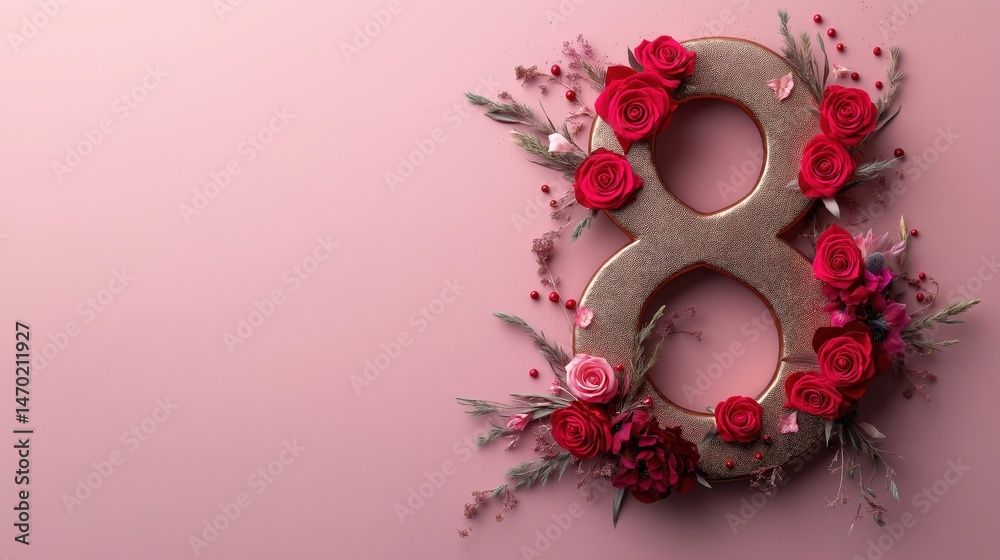Elegant golden number eight adorned with red roses against a soft pastel pink background offers a serene and festive vibe for special occasions