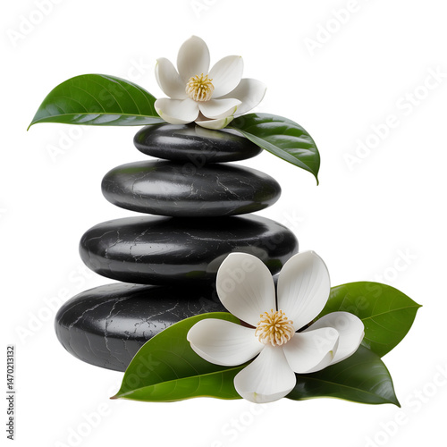 Spa Still Life Black Stones With Magnolia Flowers Isolated On White