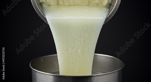 Whey Draining Process Through Sieve in Studio Against a Dark Background Showcasing Liquid Filtration and Dairy Separation