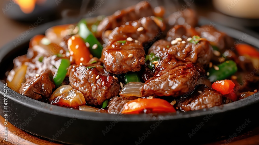 Sizzling Chinese onion pepper steak with tender beef strips and vibrant vegetables in glossy sauce