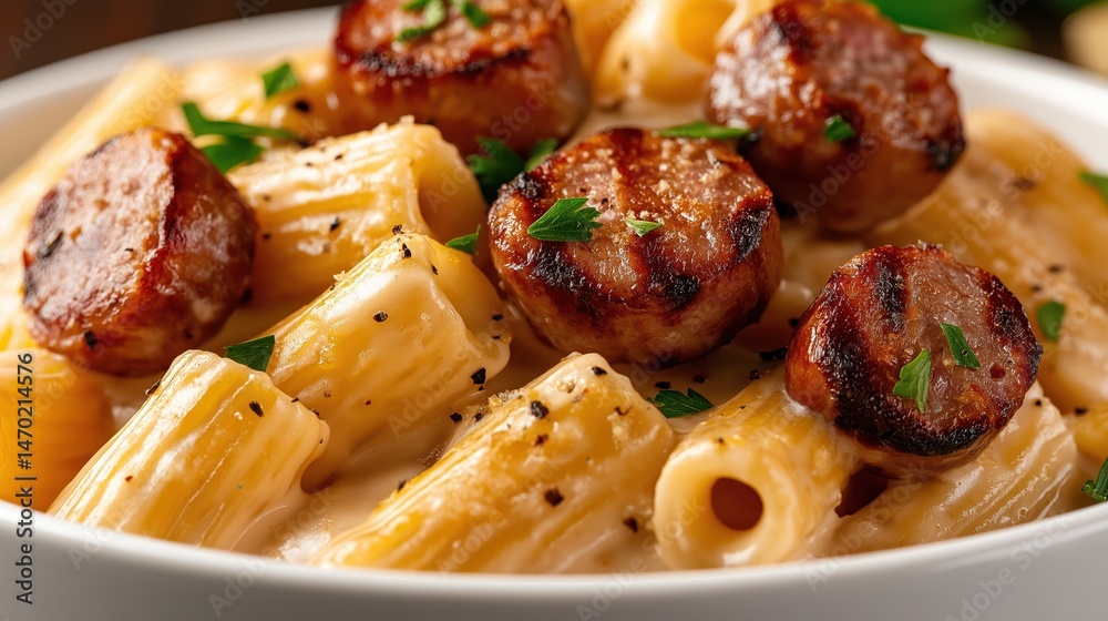 Creamy rigatoni alfredo with garlic sausage pieces garnished with parsley in natural light