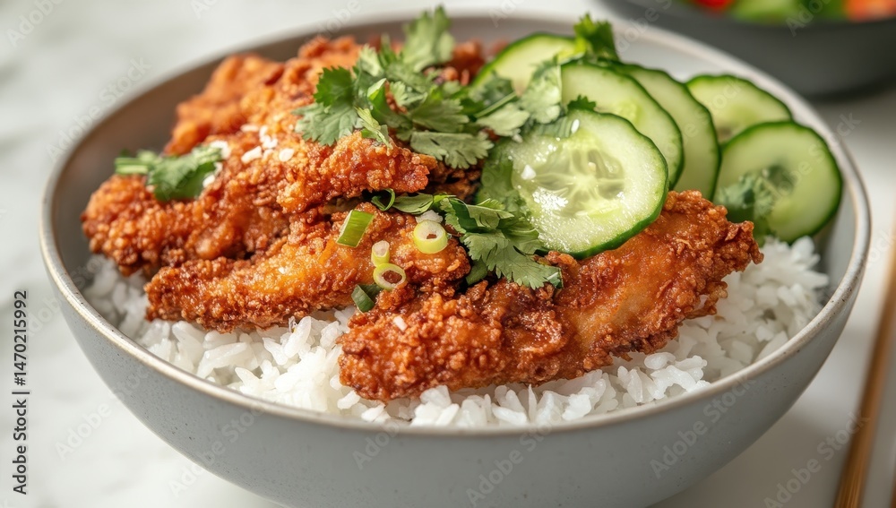 Crispy chicken over rice with cucumber and cilantro Crispy chicken over rice with cucumber and cilantro