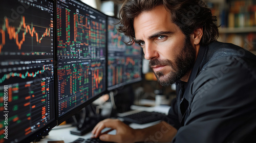 Businessman concentrating on financial data screens