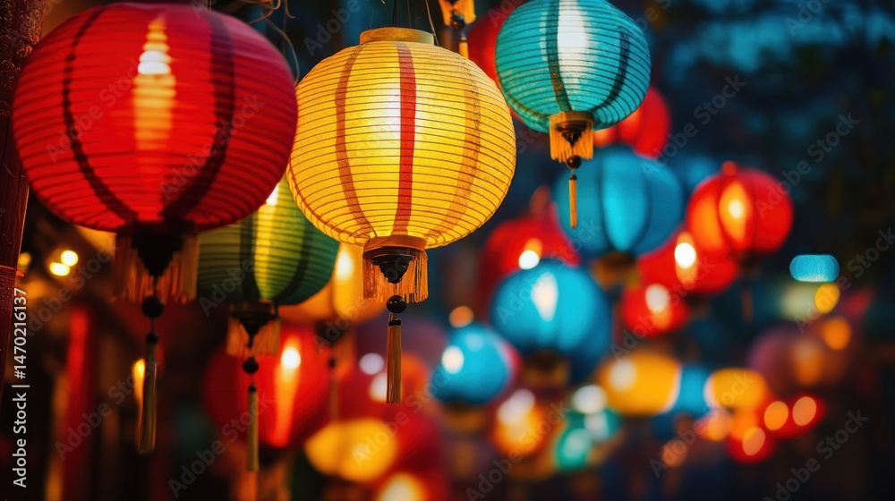 Obraz premium Colorful paper lanterns illuminated at night