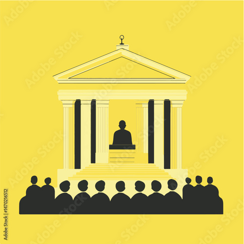 Vector Illustration Of People Listening To A Speaker In Front Of Building