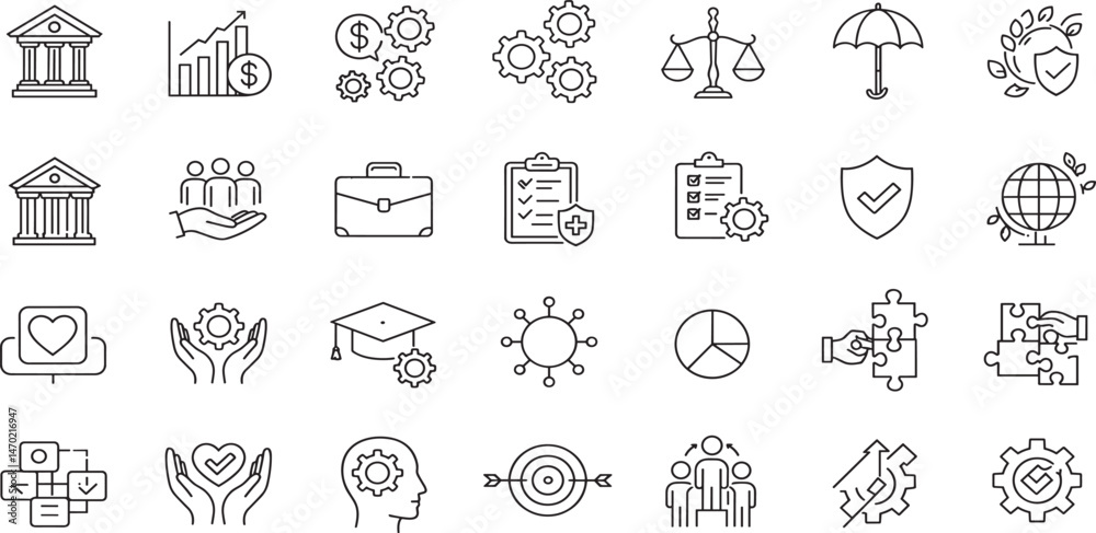Social policy editable stroke outline icons set isolated on white background flat vector illustration. Social policy editable stroke outline icons set isolated on white background flat vector illustration.