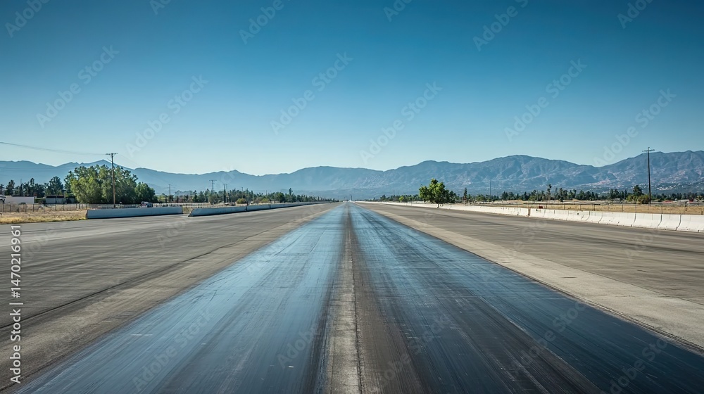 Fototapeta premium A wide highway with a yellow center line, guardrails, distant mountains, buildings, and a clear blue sky.