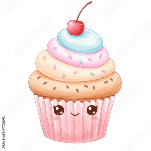 Cute Cartoon Cupcake with Pink Frosting and Cherry