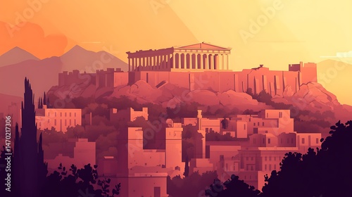 Athens sunset with Acropolis view.