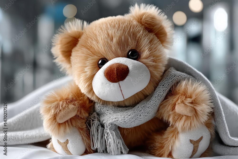 Cute teddy bear on a hospital bed providing comfort to young patients during recovery in a hospital environment
