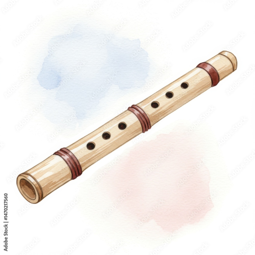 Naklejka premium Beige Bamboo Flute with Watercolor Background